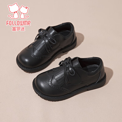 Fuluo Mi Girls Genuine Leather Shoes Spring and Autumn British Style Performance Fashion Shoes Children's Black Breathable Shoes Black 29