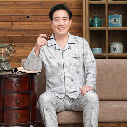 琉善中老年睡衣男长袖春秋夏季家居服爸爸老人开衫套装加肥大码可外穿 829蓝 2XL 【适合130-145斤】