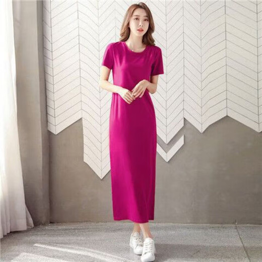 Vanmocho Super langes Kleid mit kurzer Ärmel-Baumwoll-Over-Knie-T-Shirt-Rock für Frauen schlanker Fit und schlanker Sommerschlitz-Knöchelrock für Frauen grau 9905 langer Rock M.
