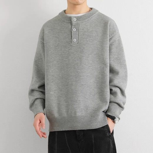 Xingsuyao (xingsuyao) 2024 new winter style pullover solid color thickened sweater trendy brand sweater trendy brand men's sweater long-sleeved round neck light gray MY901 Henry collar deer plush XL