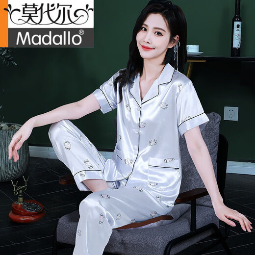 Modal Summer Women's Mulberry Silk Two-Piece Summer Short Sleeve Silk Thin Internet Celebrity Large Size Home Suit Spring and Autumn SC681 Bean Green-Double L (106-115Jin[Jin is equal to 0.5 kg])
