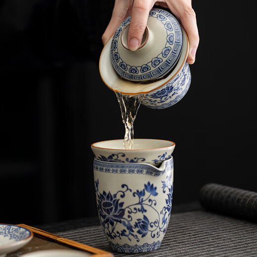 汝窑青花茶具套装2025新款家用泡茶器轻奢功夫茶杯盖碗礼盒装 9214羊脂玉江山素烧-----礼盒装