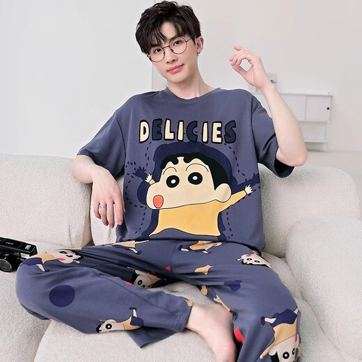 喻可眠男士睡衣春夏季短袖长裤纯棉家居服卡通青少年春秋款宽松大码套装 WB673 XL 标准XL 高175 重125-150斤