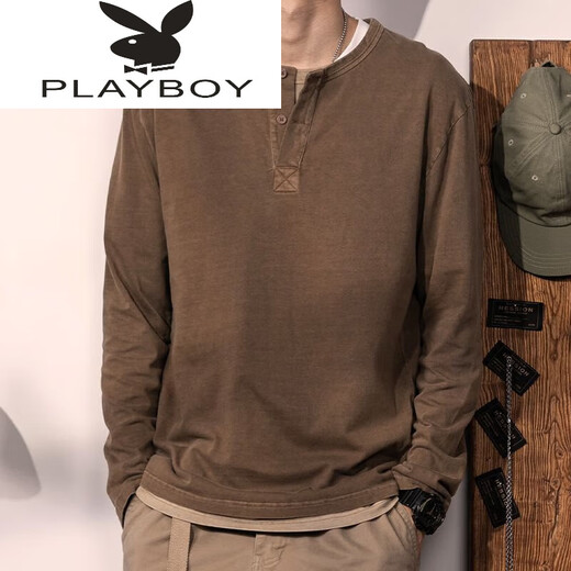 Playboy (PLAYBOY) tough guy T-shirt for young and middle-aged men, autumn and winter retro henley shirt, washed and distressed long-sleeved solid color coffee bottoming shirt, coffee, light M, reference 110~137Jin Jin is equal to 0.5 kg