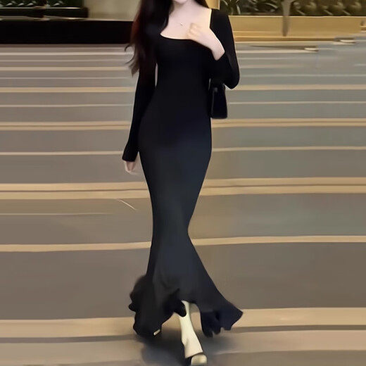 Junyao black fishtail skirt dress women's skirt autumn new high-end hip-hugging skirt French evening dress tight pure lust Bu Bu Shenglian long-sleeved slim fishtail skirt S Recommended 110Jin Jin is equal to within 0.5 kg