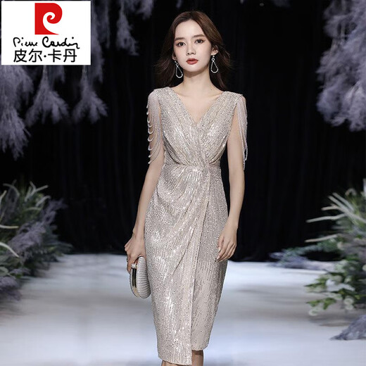 
Pierre cardin 2025 spring new champagne color small evening dress celebrity temperament banquet host dress can usually be worn light champagne color XS