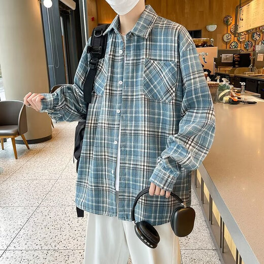 美式长袖衬衫男生春夏季宽松翻领格子衬衣复古潮流休闲百搭外套男 CRYZ687黄色 3XL