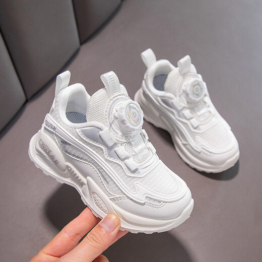 Chaussures de filles pour enfants hongxing bouton rotatif en cuir net nouveau printemps et automne chaussures de sport pour enfants mi-chaussures pour enfants 9911 Mesh blanc 26