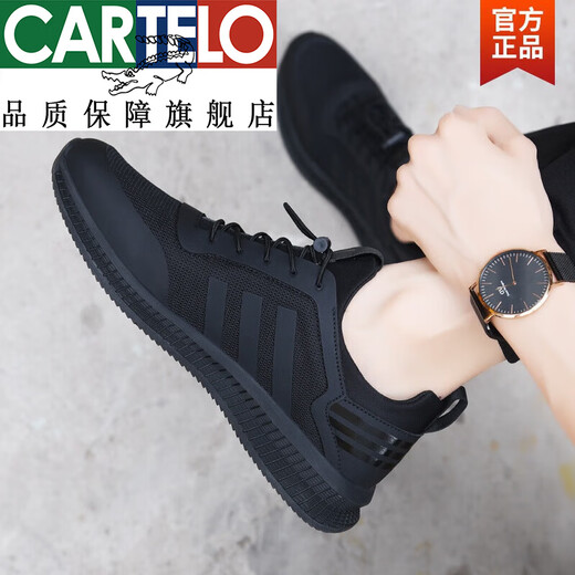 Cartelo Offizielle Marke Echtes Leder -Herrenschuhe Sommer 2025 Neue Sportschuhe Trendy Mesh atmungsaktiven Herren -Casual Mesh Schuhe 100 All Black Leder 9852 40