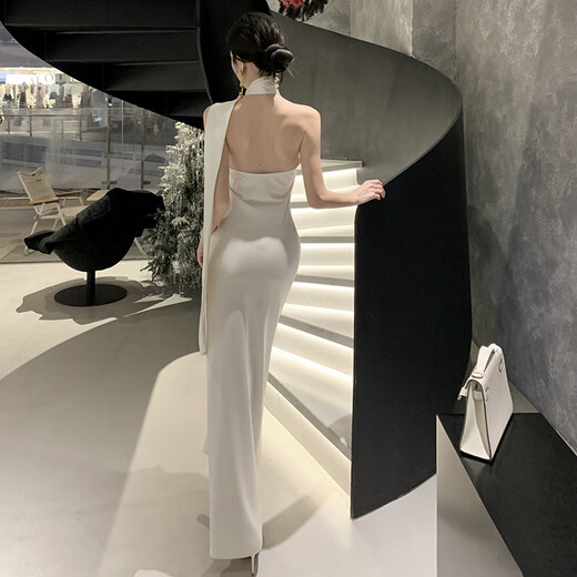 YIOU气质名媛法式缎面飘带晚礼服长裙女高端轻奢包臀挂脖连衣裙6936 香槟色 M