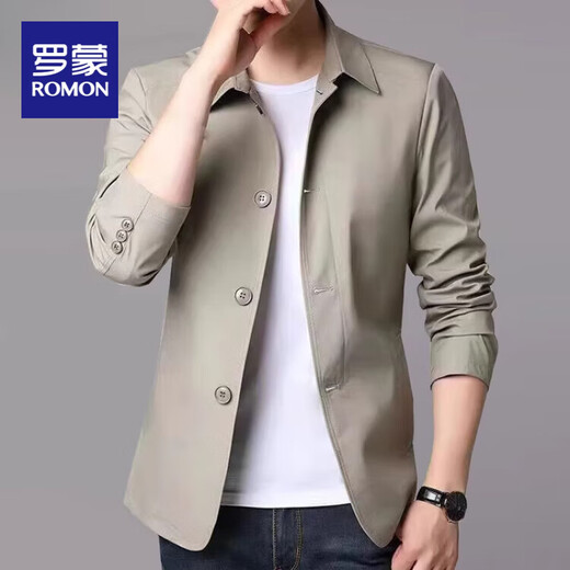 罗蒙（ROMON）春秋季男士商务休闲夹克西装中青年纯色翻领薄款韩版修身风衣外套 浅灰色1048 M 【建议98-118斤】