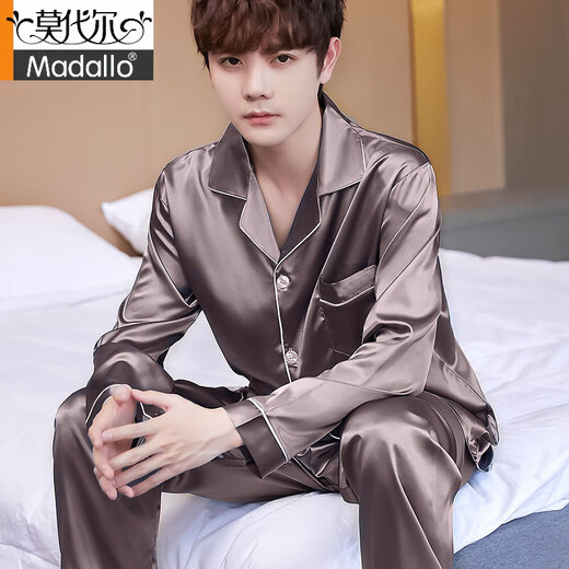 Pajama de seda de hielo modal primavera y otoño 2025 delgado adolescente de manga larga Seda. Silk Plus Size Home Clothing 9898#[Coffee]+Classic Eternal L 9898#[100-120Jin [Jin equivale a 0.5 kg]]+Classic Eternal