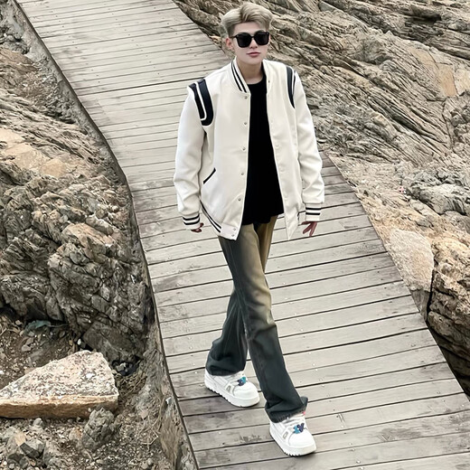 Katuchi American retro splicing jacket jacket men's spring and autumn trendy high-end handsome pilot baseball uniform top clothes white XL