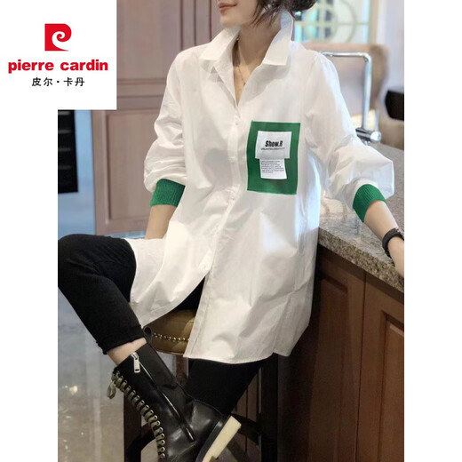 Pierre Cardin European station 2025 spring and summer white mid-length long-sleeved shirt women's loose large size fashionable casual cotton shirt white 6081# in stock 3XL recommended 146-155