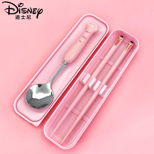 迪士尼（Disney）日式儿童可爱筷子勺子餐具盒套装一人用收纳盒便携式单人装女学生 粉盒+粉猫筷+粉猫爪