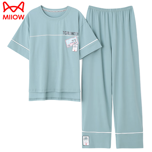 Catman (Miiow) Pajamas pour femmes pour le coton pur d'été 2025 Nouveau pantalon à manches courtes vêtements pour la maison pour les costumes de coton mince 7374 Green M 80-100jin [Jin est égal à 0,5 kg]