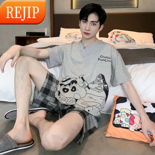 REJIP男士睡衣短袖春夏天季薄款卡通青少年可外穿男款加大码家居服套装 6621 L 100-135斤