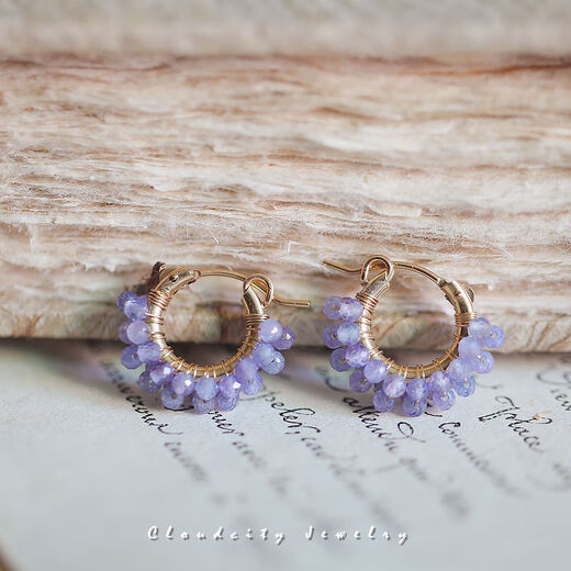 Micro-gift Mushan Zi original design Four Seasons Earrings Gentle Tanzanite 14K gold handmade earrings Mushan Zi, small size, inner ring 14K gold suitable