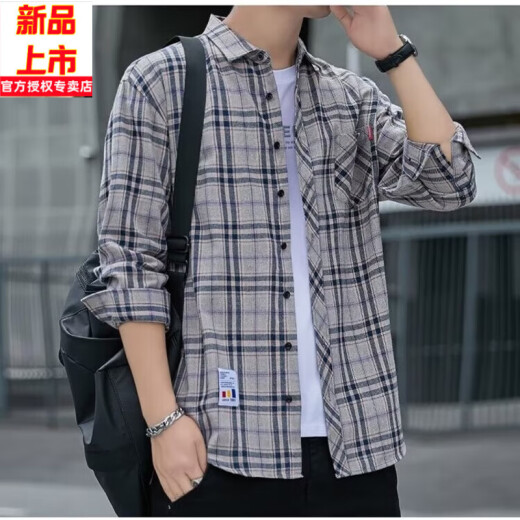 稻草人格子休闲衬衫男士春秋季长袖衬衣韩式上衣服复古宽松夏季薄款外套 K12111黄蓝色 均码 M90-110斤