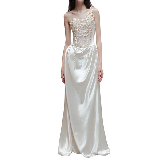 Wutuo white tube top dress evening lady banquet temperament birthday niche light luxury satin light wedding dress fishtail heavy industry white XS