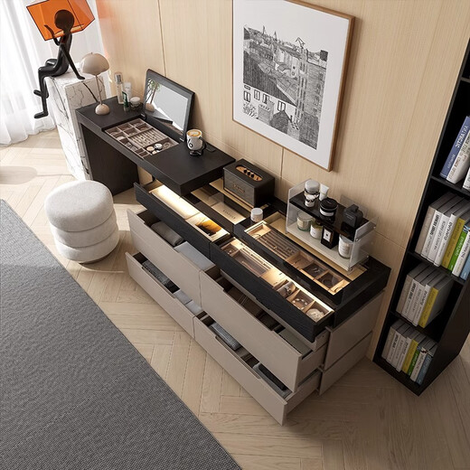 KSALOY Italian-style dresser with flip cover for small apartment bedroom dresser with drawer and integrated cabinet retractable bedside jewelry storage cabinet with flip cover dresser + 1.2M cupboard + round stool 120cm flip dresser with password lock drawer