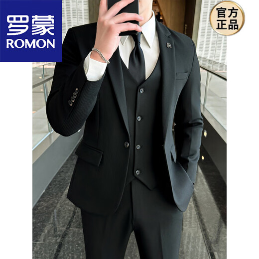 ROMON suit men's suit Korean version slim fit wedding groomsmen dress no ironing business formal three-piece casual suit jacket black suit + vest + pants + shirt waist L (105~120Jin Jin equals 0.5 kg)