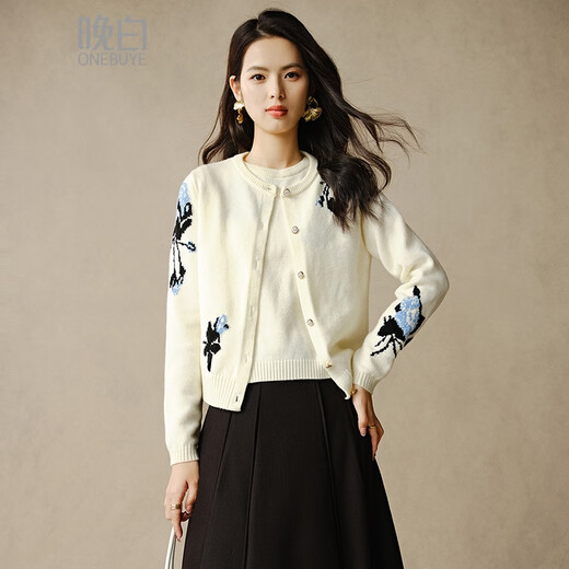 晚白2025年春款时尚简约休闲外套短款上衣气质含羊毛针织开衫女 米白色 M