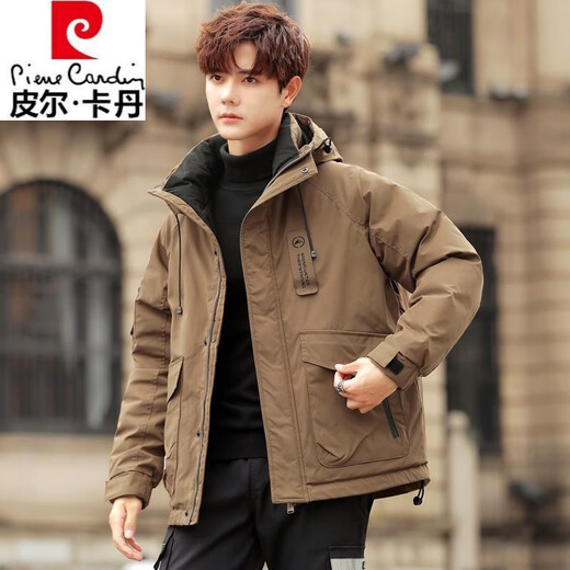 皮尔卡丹（pierre cardin）连帽男士羽绒服冬季冲锋外套2025新品潮流工装简约百搭白鸭绒外套 YR9871咖啡色 XL 适合120-135斤