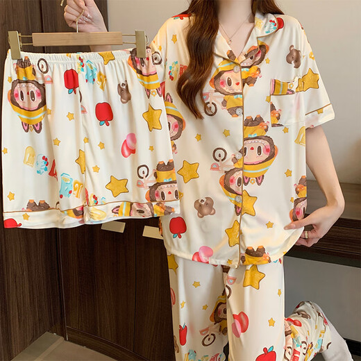 Nanjiren's milky bralala women's pajamas spring and summer thin short-sleeved three-piece set girl's casual home clothing set KK14137# M [Suggested 80-100Jin [Jin equals 0.5 kg]]