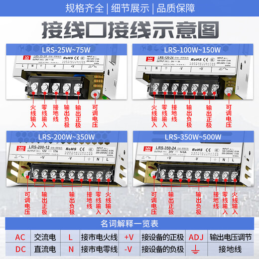 XMSJ定制LRS电源超薄220转24V直流12v变压器120/200/350w稳压 LRS105V3A
