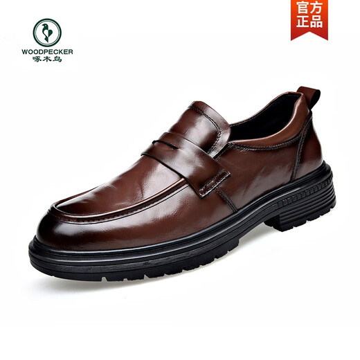 Woodpecker Men's Shoes Genuine Leather Spring Business Formal Casual Shoes One-Piece British Style Toe-Layer Cowhide Beanie Shoes Large Toe Shoes Brown 41