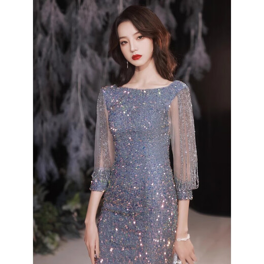 
Zhufan High-end Annual Meeting Female Host Dress Fishtail Evening Skirt Female Light Luxury Niche Sequin Blue Banquet Temperament Haze Blue/L