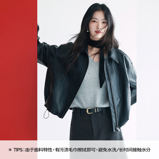 伊芙丽（eifini）伊芙丽复古风宽松气质皮夹克短外套女新款百搭时髦外套女 黑色 XL