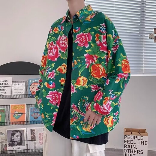 Northeast large flower shirt peony flower shirt men's 2025 spring trend Hong Kong style shirt jacket couple casual top classic 2507 red 3XL