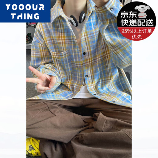 YOOOURTHING美式复古格子衬衫男长袖春秋冬加绒加厚宽松情侣百搭休闲衬衣外套 CJ9734-蓝格 加绒 XL (建议125-145斤)
