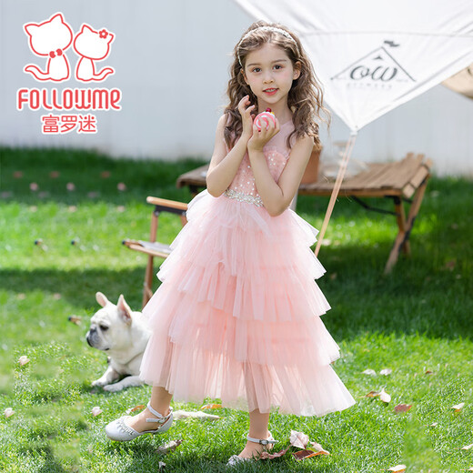 Fuluo Mi Girls' Dress Cake Princess Dress Little Girl Mesh Cake Dress Middle-aged Children's Dress Pink 140