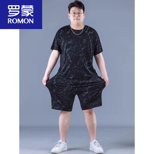罗蒙（ROMON）冰丝运动套装男夏季大码薄款男士速干五分裤胖子加肥加大宽松短袖 PZ826黑色 高质量冰丝套装 XL 建议130-140斤