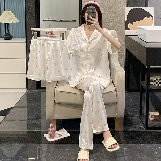 猫人睡衣女夏季三件冰丝短袖薄款大码风春秋绸米色家居服 LT-3881-3-杏 M