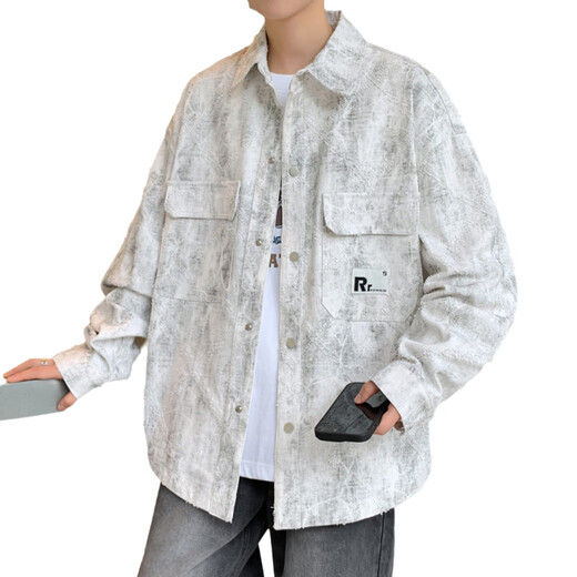 思慕登青少年外套男初中高中学生春款牛仔男孩13初衬衫夹克15岁大童春装 16823米色(单件外套) M 80-100斤左右