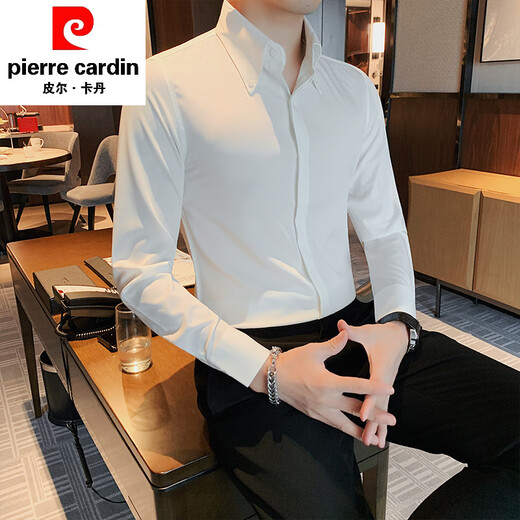 皮尔卡丹（pierre cardin）法式大领衬衫男士长袖新款感痞帅男装春季高领白衬衣男款 绿色   6623 L (106-126斤)