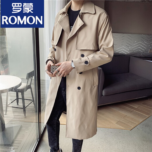 ROMON military windbreaker men's mid-length spring and autumn style 2025 new British slim double-breasted coat jacket men's military green XXS recommended 90Jin Jin equal to within 0.5kg