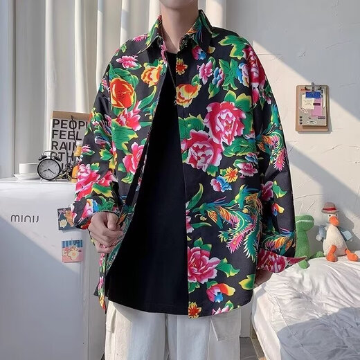 Northeast large flower shirt peony flower shirt men's 2025 spring trend Hong Kong style shirt jacket couple casual top classic 2507 red 3XL