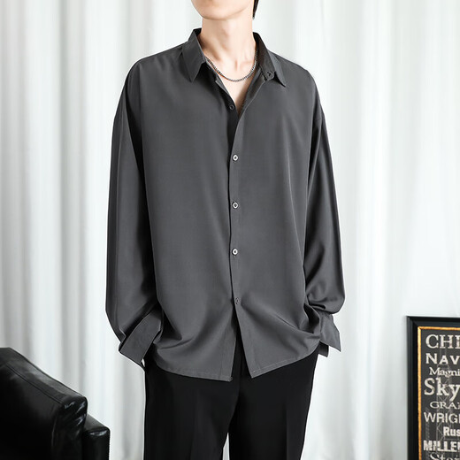 Shirt men's spring and summer long-sleeved drapey high-end loose casual black shirt men's long-sleeved ice silk inch shirt trendy C054 black regular L