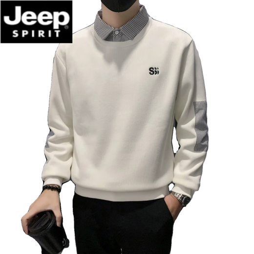 JEEP SPIRIT假两件卫衣男秋冬款针织衫痞帅拼接翻领男装2025新款长袖加绒上衣 1391白色 款 常规 XL 建议150斤内