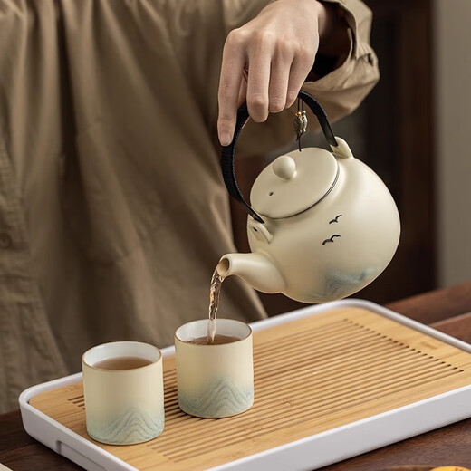 Jinpan Ceramic Kung Fu Tea Set Chinese-style large-capacity lifting beam household high-end teacup tea tray complete set teapot tea set one pot six cups + tea tray
