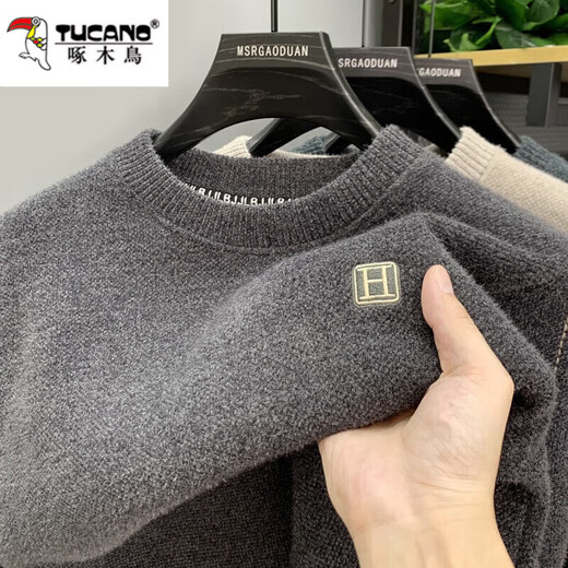 Woodpecker integrated velvet high-end round neck sweater for men's autumn and winter style plus velvet thickened warm base knitted sweater clothes 10749/9906 black [plug thickened] M