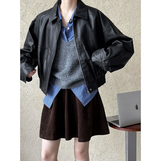 La Chapelle black short leather jacket for women 2025 spring wear small Hong Kong style retro pu leather motorcycle jacket top black M -90-105Jin [Jin equals 0.5 kg]
