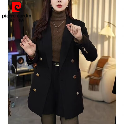 皮尔卡丹黑色双排扣加厚夹棉西装外套女秋冬新款感气质显瘦百搭小西服 黑色   夹棉 L 建议(120-130)斤
