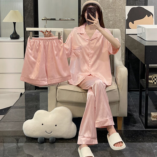 猫人睡衣女夏季三件冰丝短袖薄款大码风春秋绸米色家居服 LT-3881-3-杏 M