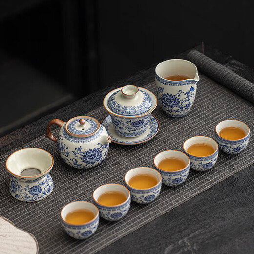 汝窑青花茶具套装2025新款家用泡茶器轻奢功夫茶杯盖碗礼盒装 9214羊脂玉江山素烧-----礼盒装